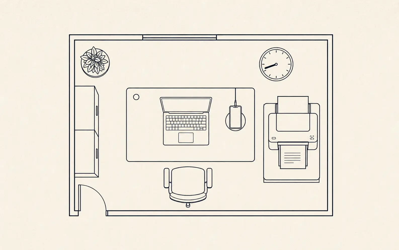 Top-down view of a small operations room: laptop, phone, printer mid-feed, and a wall clock